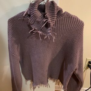 Distressed Ribbed Knit Turtleneck Sweater